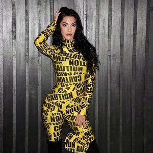 Halloween Yellow Caution Print Jumpsuit